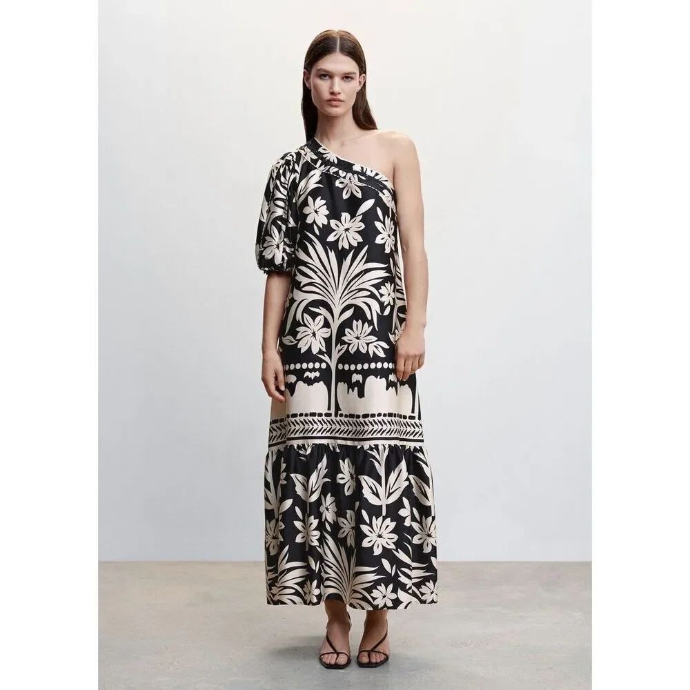 MANGO Floral Print One-Shoulder Puff Sleeve Maxi Dress Black & White Size 4